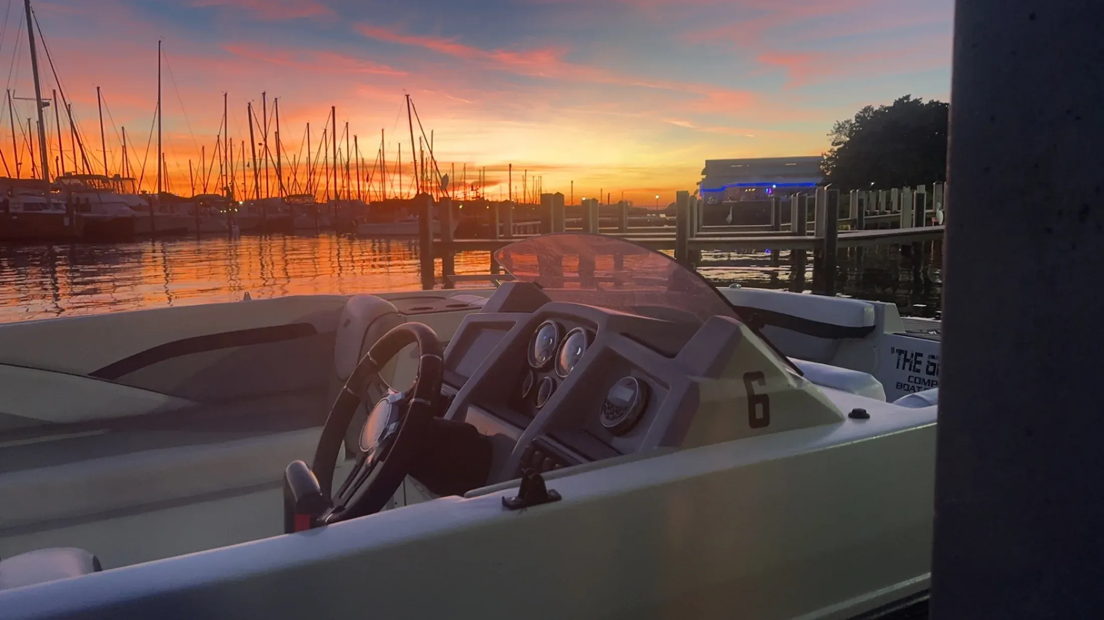 Sunset over the marina from aboard a boat