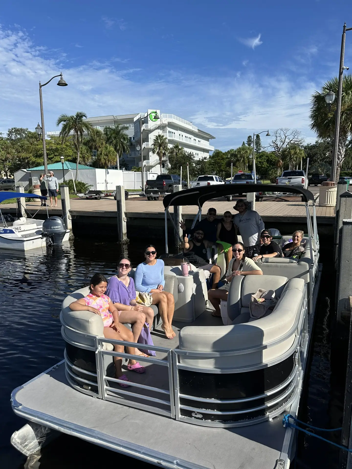 Guests aboard a Compass boat rental across from Bradenton Beach