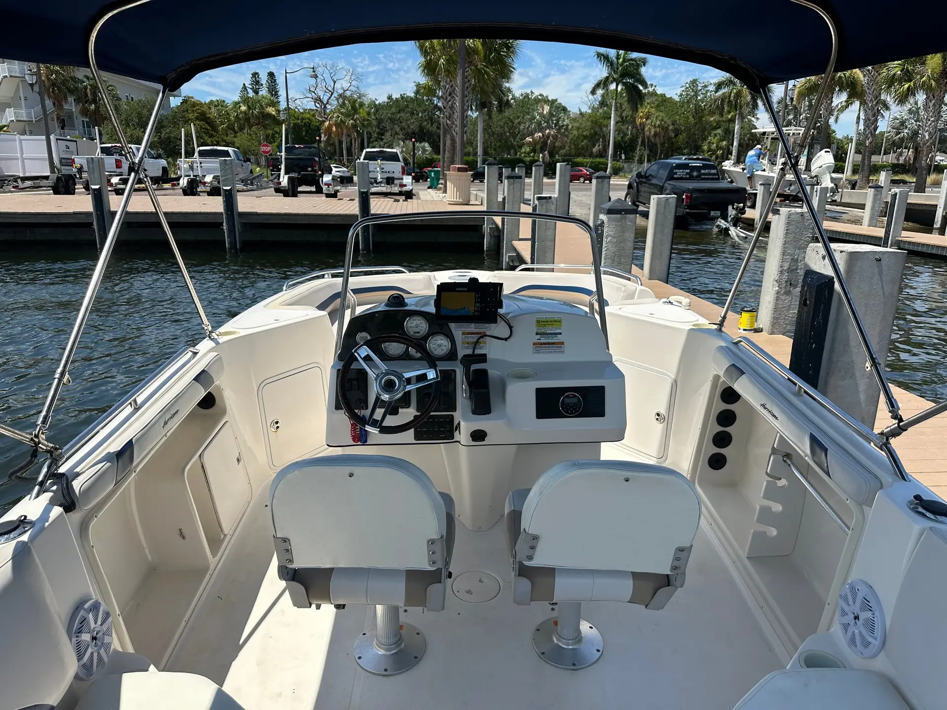 Helm and forward seating on the Compass deck boat