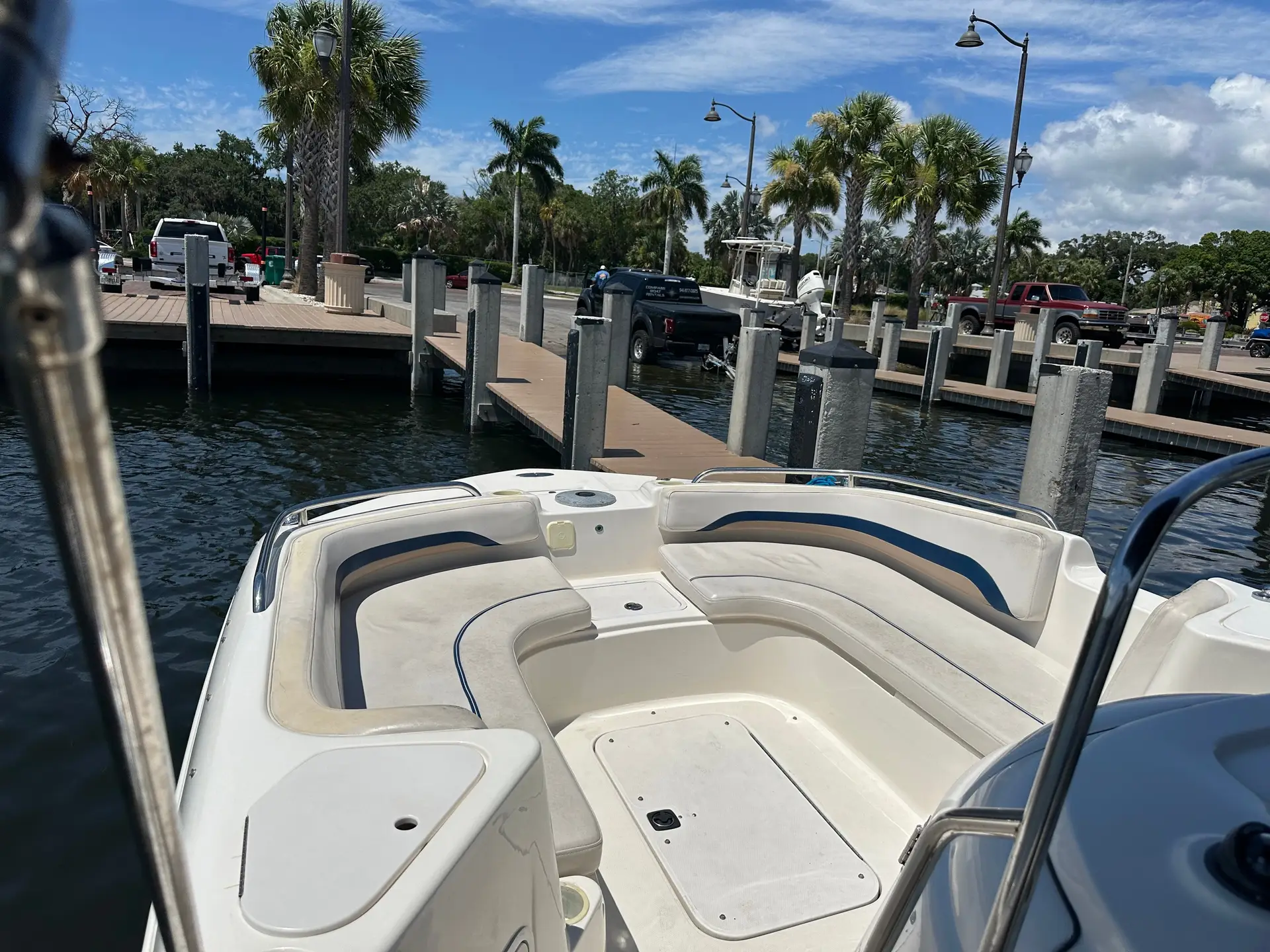 Forward cockpit seating on the Compass deck boat at the Kingfish Boat Ramp