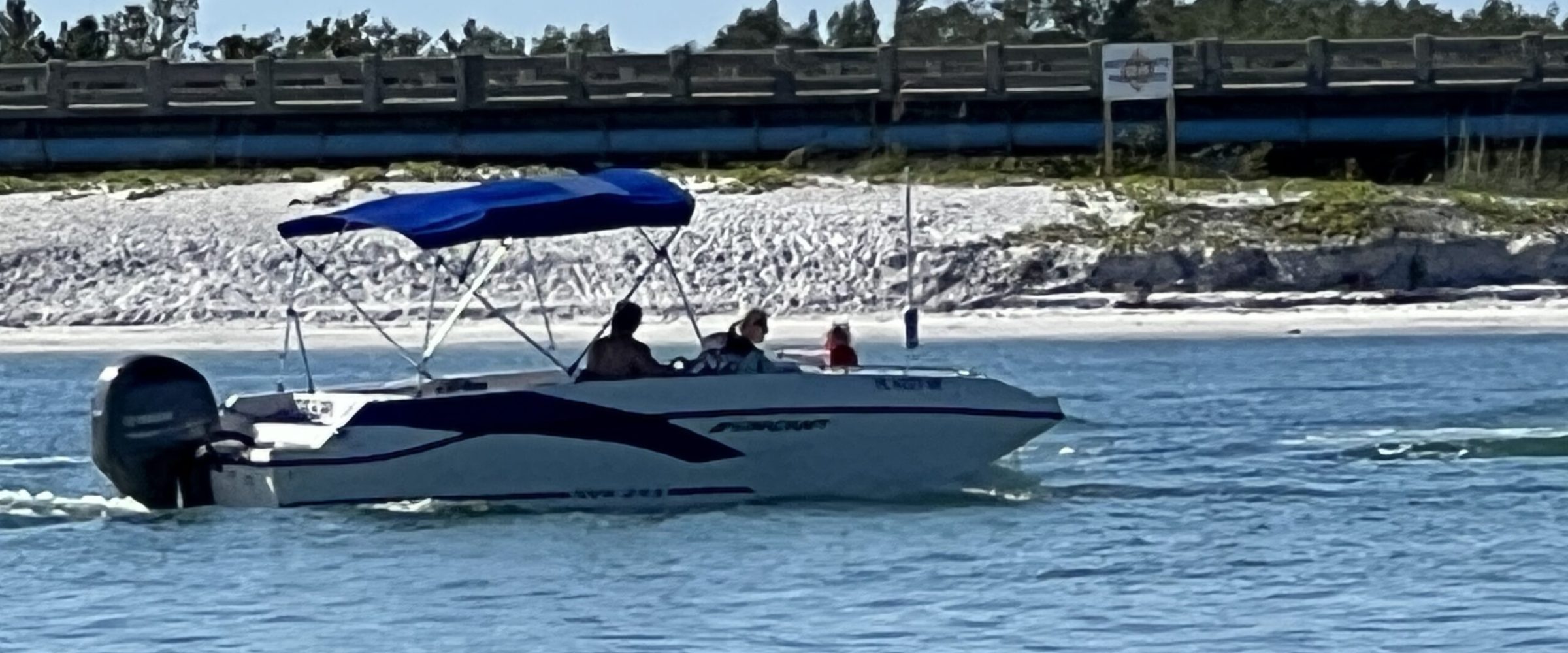 a deck boat on a body of water